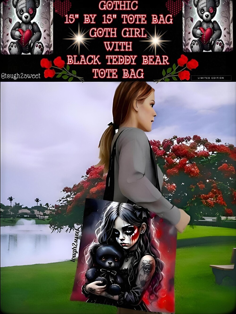🆕LAST 1❣️ 15" BY 15" GOTHIC GIRL WITH BLACK TEDDY BEAR  LARGE TOTE BAG